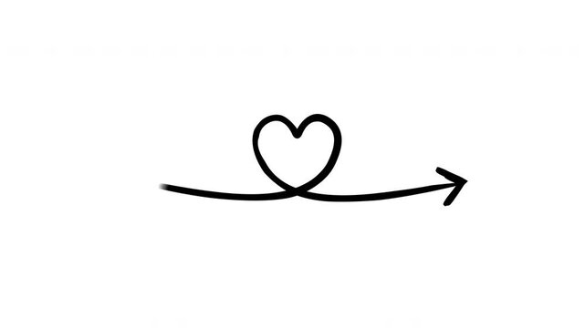 Horizontal arrow loops centrally into heart shape hand-drawn sketch animation. Connection icon. Love sign. Animated doodle direction. Scribble pointer. Ink freehand symbol 4K video on transparent