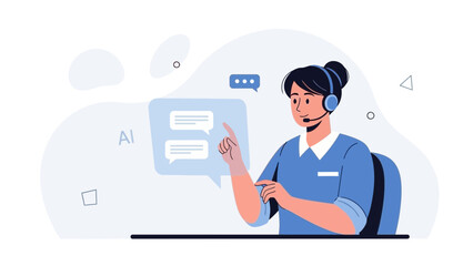 Customer service agent with headset, AI chatbot communication, online support concept