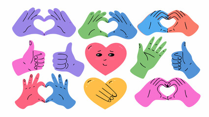 Fototapeta premium Heart hand gesture symbols for love, friendship, social care and donation. Valentine's day design elements. Couple romantic relationship feelings. Compassion and support concept set