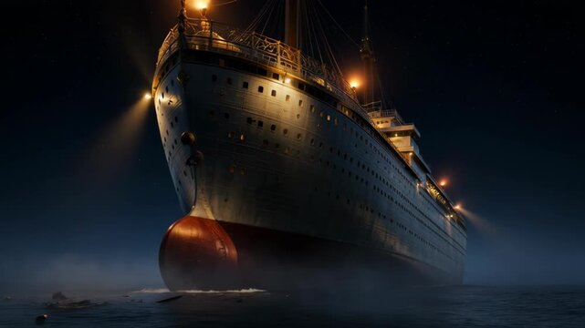 Large Ocean Liner Ship at Night with Dramatic Lighting and Starry Sky  Evoking Titanic Disaster Scene  Moody Maritime Scene  Nighttime Seascape