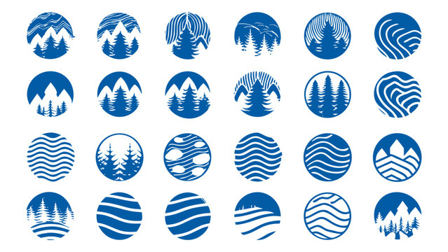 Forest & Tree Logo Icon set. Flat minimalistic blue icons of fir trees, layered forests, hills, and abstract leaf shapes vector silhouette