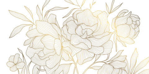 Naklejka premium Luxury floral pattern, elegant gold line peony flowers and leaves background. Vector illustration Art Deco, Nouveau, Japanese ornament, romantic, vintage aesthetic for wedding card, tea packaging