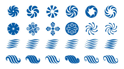 Wind & Air Flow Logo Icon set. Flat minimalistic blue icons of swirl lines, breeze curves, motion streaks, and circular emblems vector silhouette