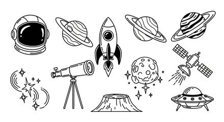 Space Exploration Doodles Collection: Astronaut, Planets, Rocket, and More. © RamaHima