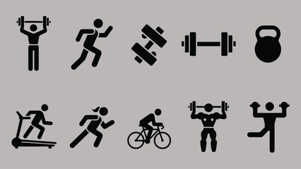 Fitness icons set with people silhouettes and sports symbols