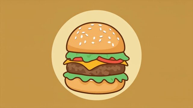Tasty burger icon with sesame seed bun, lettuce, cheese, and tomato on a brown background