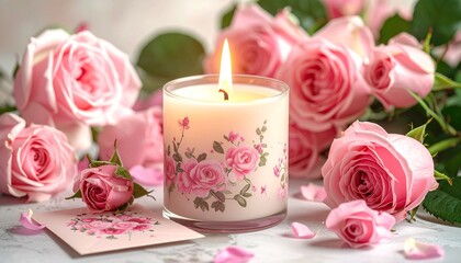 Romantic scene with a lit candle and pink roses, creating a serene and beautiful ambiance.