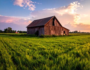 Obraz premium Rustic Barn Standing Proudly in a Lush Green Field Under a Colorful Sunset Sky.