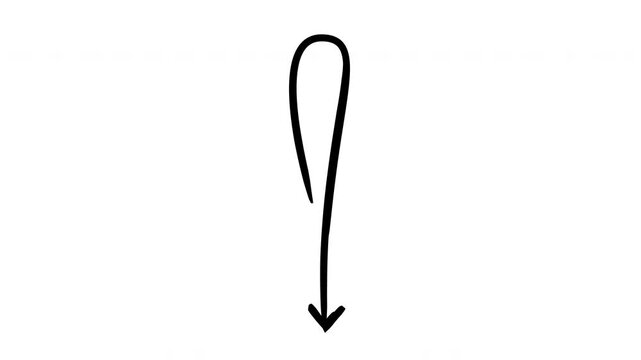 Exclamation mark arrow hand-drawn sketch animation. Smooth loop at top and pointed downward. Alert emphasis. Animated doodle direction. Scribble pointer. Ink freehand symbol 4K video on transparent