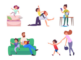 Fototapeta premium Kids hyperactive. Concept csenes with active playing children impulsivity inattention adhd problems exact vector template