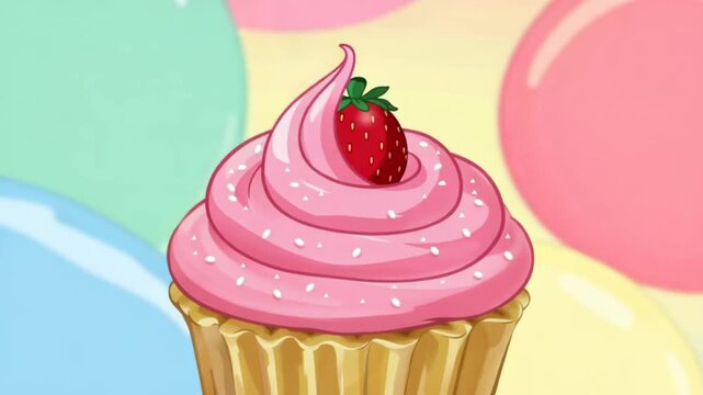 Pink frosted cupcake with strawberry on top, colorful balloons background, festive celebration dessert