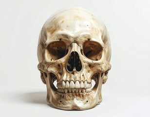 Obraz premium Realistic Human Skull Anatomical Study with Detailed Bone Structure and Teeth Displayed on White Background.