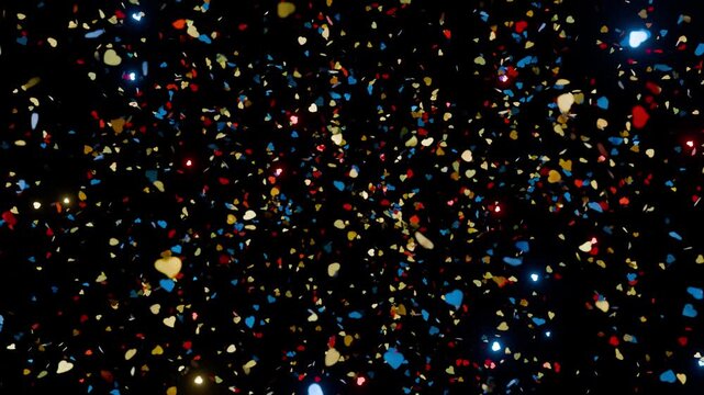 Colorful fireworks of colored confetti explodes on a black background, animation of the explosion and fall of confetti in 4K format, 3D animation frames, confetti bomb effect from the inside