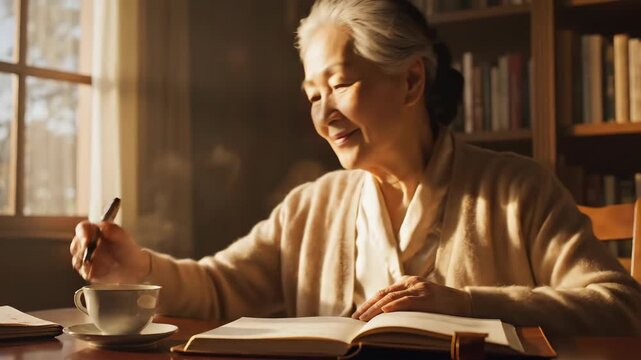 Elderly woman writing in a journal with a cup of coffee.