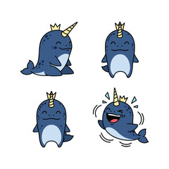 Cartoon narwhals with crown expressing different emotions on white background © SekandarStock