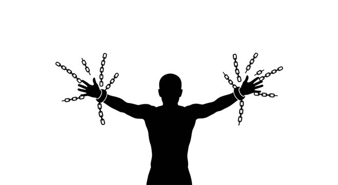 Silhouette of a man breaking metal chains from his wrists representing freedom and liberation