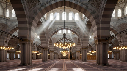 Obraz premium Grand mosque prayer hall bathed in ethereal light showcasing intricate Islamic design