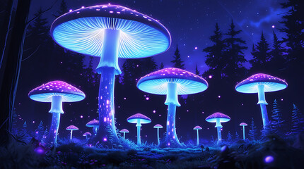 Fototapeta premium Enchanting glowing mushrooms in a mystical forest under the night sky
