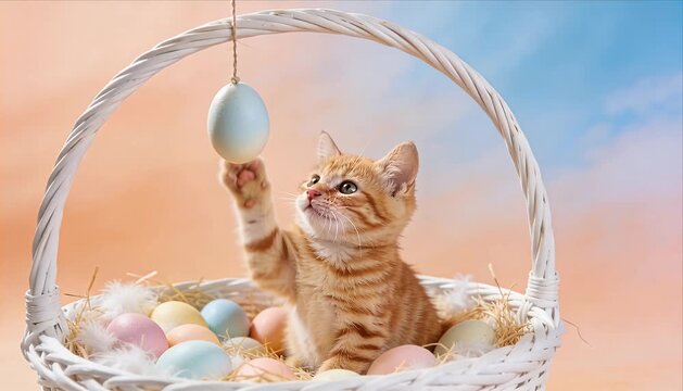 Easter egg lover kitten basket pastel color cute orange cat playful spring holiday decoration joyful straw nest background soft dreamy light moment for cat lover
