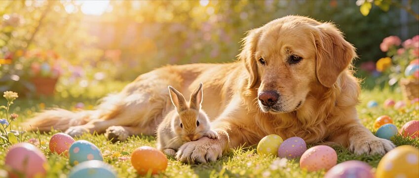 Easter egg lover dog and rabbit pet animal friendship in spring garden on grass under warm sunset light colorful holiday decoration playful peaceful relaxed joyful nature scene
