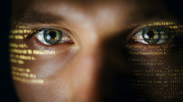 Code Vision: A close-up of a person's eyes, overlaid with dynamic digital code, illuminating the intersection of human and machine. Representing technology and information.