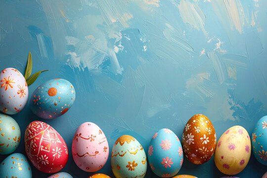 Easter eggs on a bright turquoise background. Easter celebration concept. Colorful easter handmade decorated Easter eggs. Place for text. Copy space. High quality photo