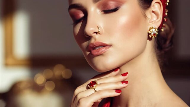 Elegant Woman with Red Lipstick, Nose Ring, and Jewelry - Close-up Portrait