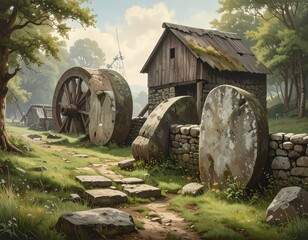 Obraz premium Rustic Mill Scene - A Tranquil Landscape with Water Wheel and Stone Pathway.