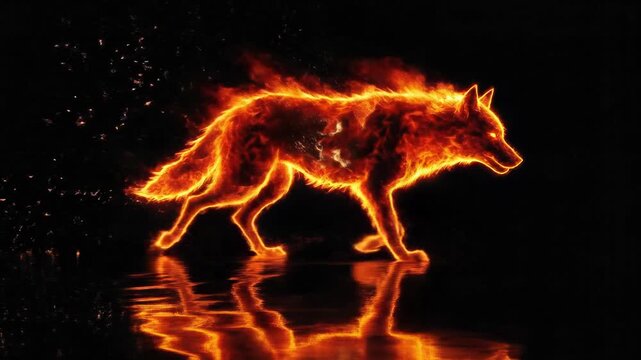 Fiery wolf silhouette walking on water, reflected silhouette, dark background, animated fire effect
