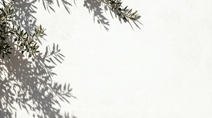 Obraz premium Minimalist bright architectural background featuring white textured plaster surface and elegant olive tree branch shadow with copy space.