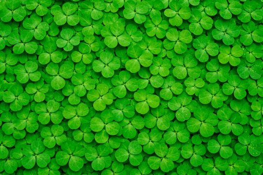Fresh green clover leaves flat lay macro texture top view.