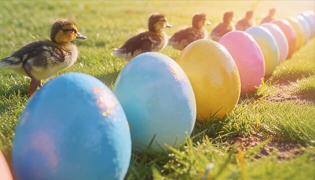 Duckling easter egg lover parade in spring nature grass at sunrise with pastel color line outdoor meadow scene joyful seasonal holiday celebration with cute yellow duckling and sparkling eggs
