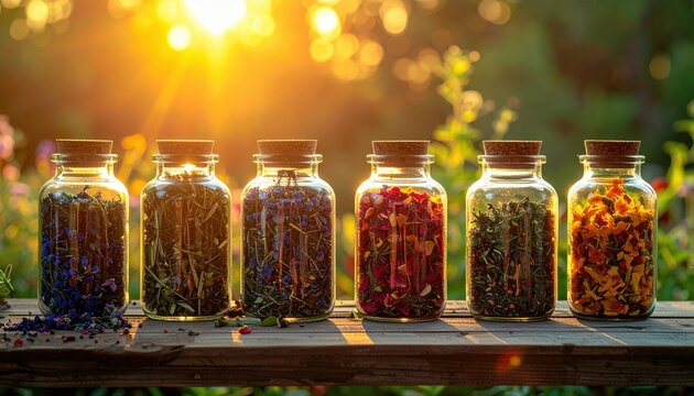 FlyPro Firefly: Recycled Glass Jars Filled With Colorful Dried Herbs on Reclaimed Wood Shelf, High-Resolution