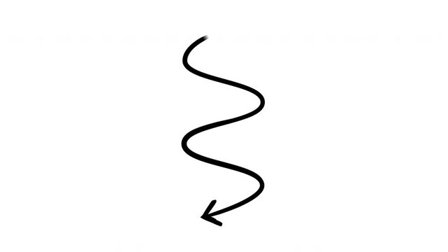 Long wavy arrow hand-drawn sketch animation. Smooth waves flowing downward. Winding path. Curvy movement. Animated doodle direction. Scribble pointer. Ink freehand symbol 4K video on transparent