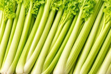 Obraz premium Fresh celery stalks flat lay macro texture top view.