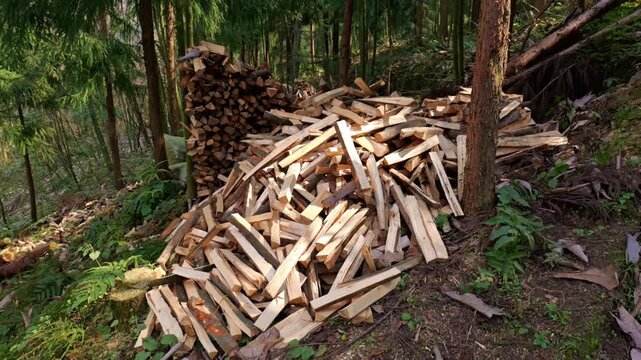 A pile of split firewood is stacked together, which will be used for heating and making a fire in winter.