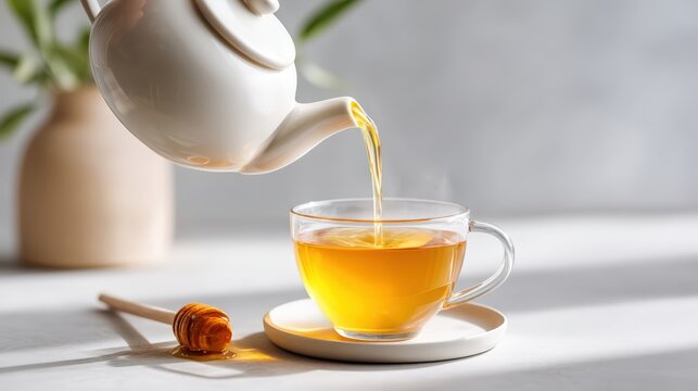 Natural light photo, preparing tea in a cozy kitchen, top view or side view, candid composition, human touch included (hand steeping leaves, pouring hot water, or adding honey), clean background with