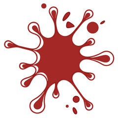 A bold red splatter shape, with irregular arms and droplets radiating outward from a central mass. It has a dynamic, fluid look like paint or ink bursting across a surface giving it an abstract.