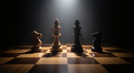 Chessboard Power Knights  Kings illuminated in strategic spotlight.