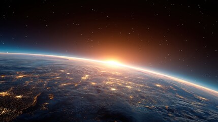 Fototapeta premium Earth in space with city lights at night and sunrise from above. Global network and connection concept for travel, science.