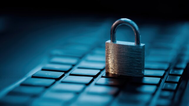 Padlock locking a computer keyboard. Concept of data protection, digital security, internet privacy, and safe online communication.