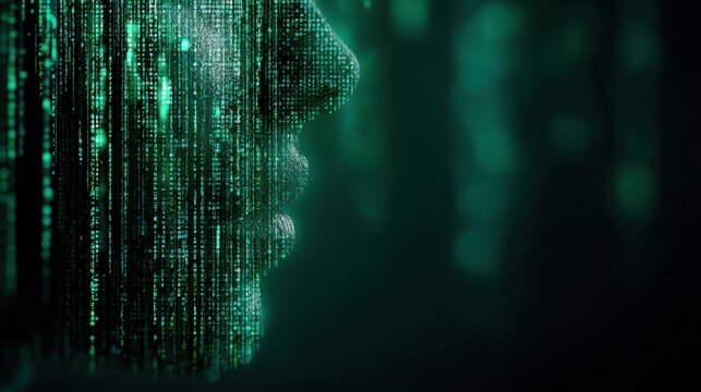 Digital human face from side made of binary code numbers. Artificial intelligence and machine learning concept for technology.