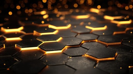 Fototapeta premium Abstract 3D rendering of black hexagonal tiles with glowing orange light. Technology background showing futuristic honeycomb pattern and energy.