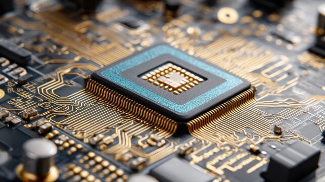 Close up of a computer microchip on a circuit board, representing advanced electronic technology and data processing for modern computing