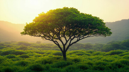 Fototapeta premium Golden hour illuminates vibrant green tree standing tall in verdant field, surrounded by misty hills, creating breathtaking serene nature scene.