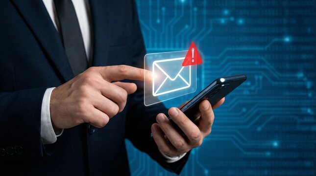 Digital Alert: A close-up view of a person in a dark suit, focusing on their smartphone with an overlay of a digital email alert symbol with a danger icon.