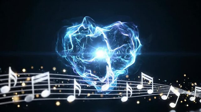 Glowing Blue Heart Shaped Music Notes Floating on Musical Staff in Dark Background blue glow