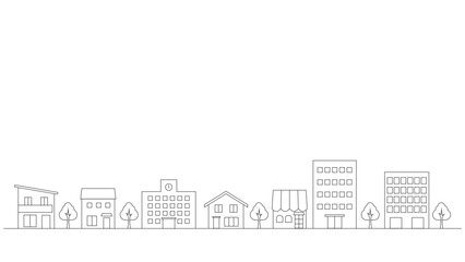シンプルな街並みのイラストのバナー背景　線画　横長　16:9
