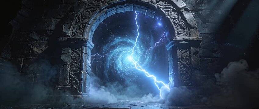 Ancient portal magic gate fantasy arch stone ruin blue vortex lightning energy glowing portal mystical doorway dark cave swirling nebula mystical portal magic gateway blue vortex fantasy arch stone