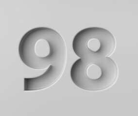 Sleek White Number 98 Ninety Eight With Subtle Shadow Embossed Into Grey Background 3D Illustration